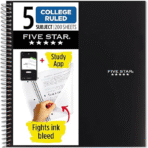 Five Star Spiral Notebook + Study App, 5 Subject, College Ruled Paper, 8-1/2" x 11", 200 Sheets, Fights Ink Bleed, Water Resistant Cover, Black (72081)