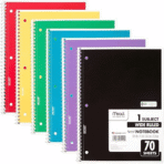 Mead Spiral Notebooks, 6 Pack, 1 Subject, Wide Ruled Paper, 7-1/2" x 10-1/2", 70 Sheets per Notebook, Color Will Vary (73063)