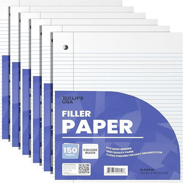 Notebook Paper, Loose Leaf Paper, College Ruled Paper, 10.5” x 8”, Filler Paper, 56 gsm, 150 Sheets Per Pack, 900 Sheets (6 Pack)