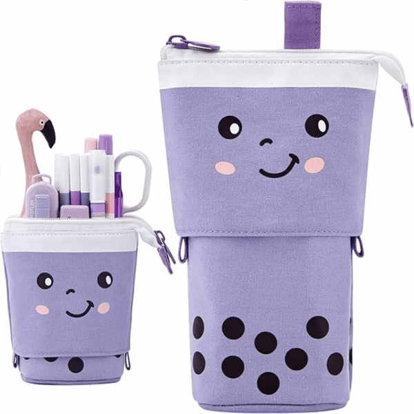 ANGOOBABY Standing Pencil Case Cute Telescopic Pen Holder Kawaii Stationery Pouch Makeup Cosmetics Bag for School Students Office Women Teens Girls Boys Christmas Gift (Purple)